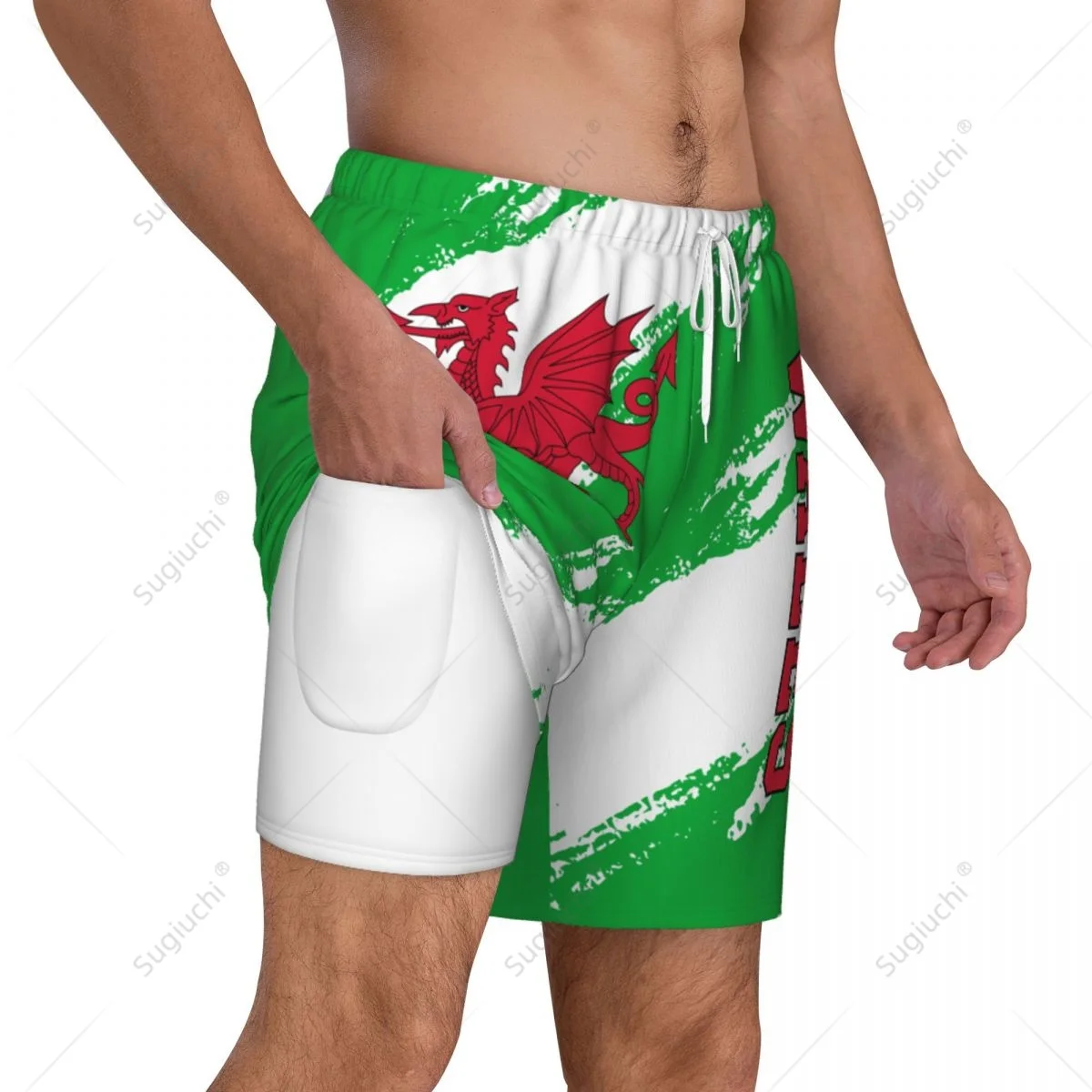 Wales Flag 3D Mens Swimming Beach Surfing Pants Swim Shorts Trunks Compression Liner 2 in 1 Quick-Dry