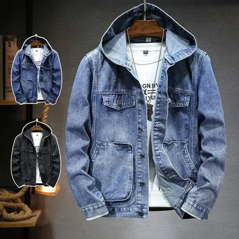 

2026 Spring New Trendy Men's Jacket Windproof Hooded Denim Coat Youth Fashion Top For Casual Scene Regular Length
