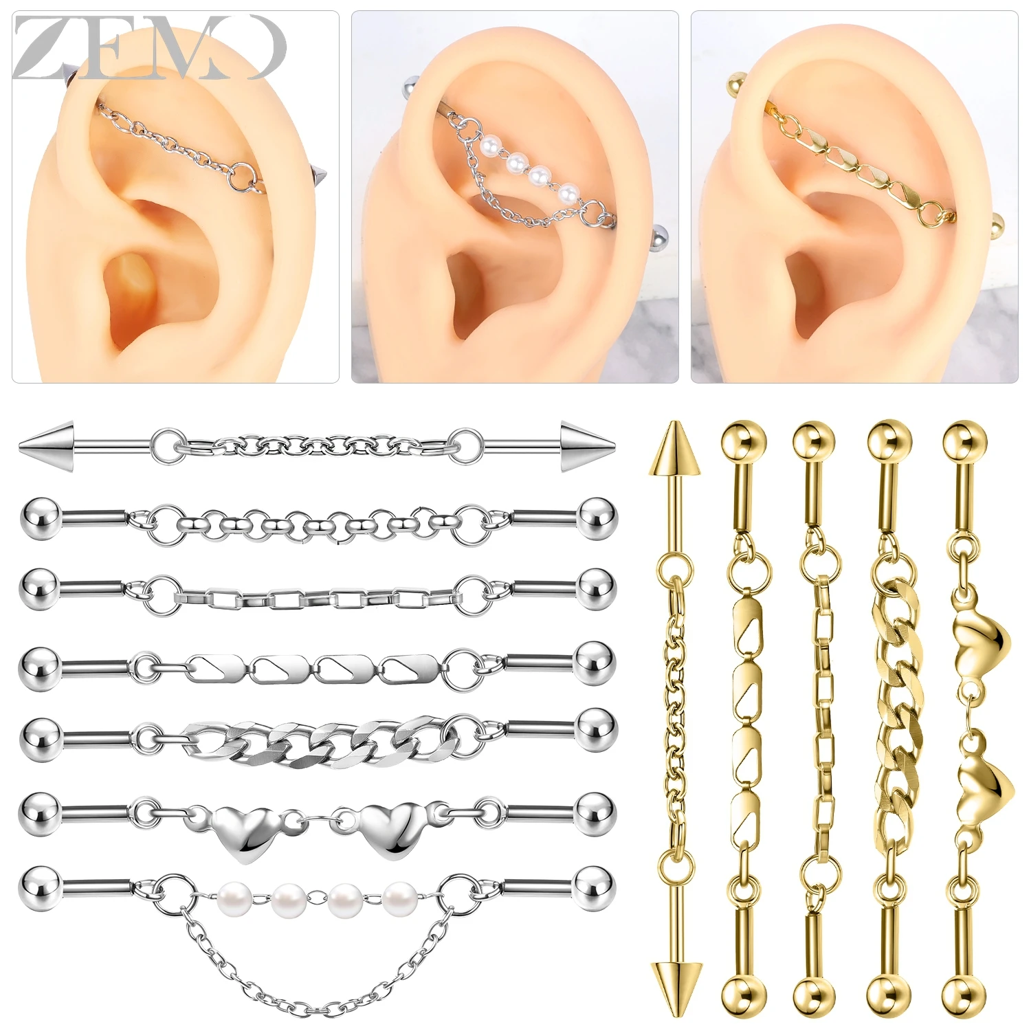 

ZEMO 1 PC 14/16G Pendant Stainless Steel Stud Earrings With Chains Women Ear Studs Taper Long Line Trendy Helix Conch Piercings