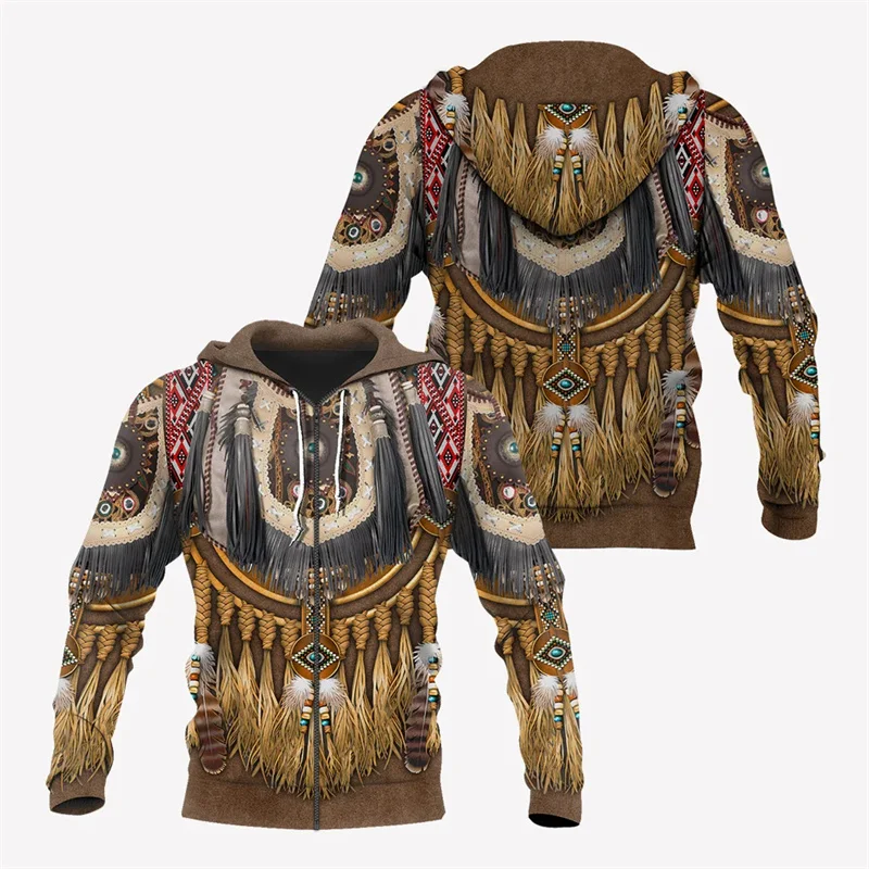 Hoodie ritsleting pola pakaian tradisional Amerika Vintage Hoodie modis kasual pria Tribal 3D Hoodie cetak luar ruangan Pullover olahraga