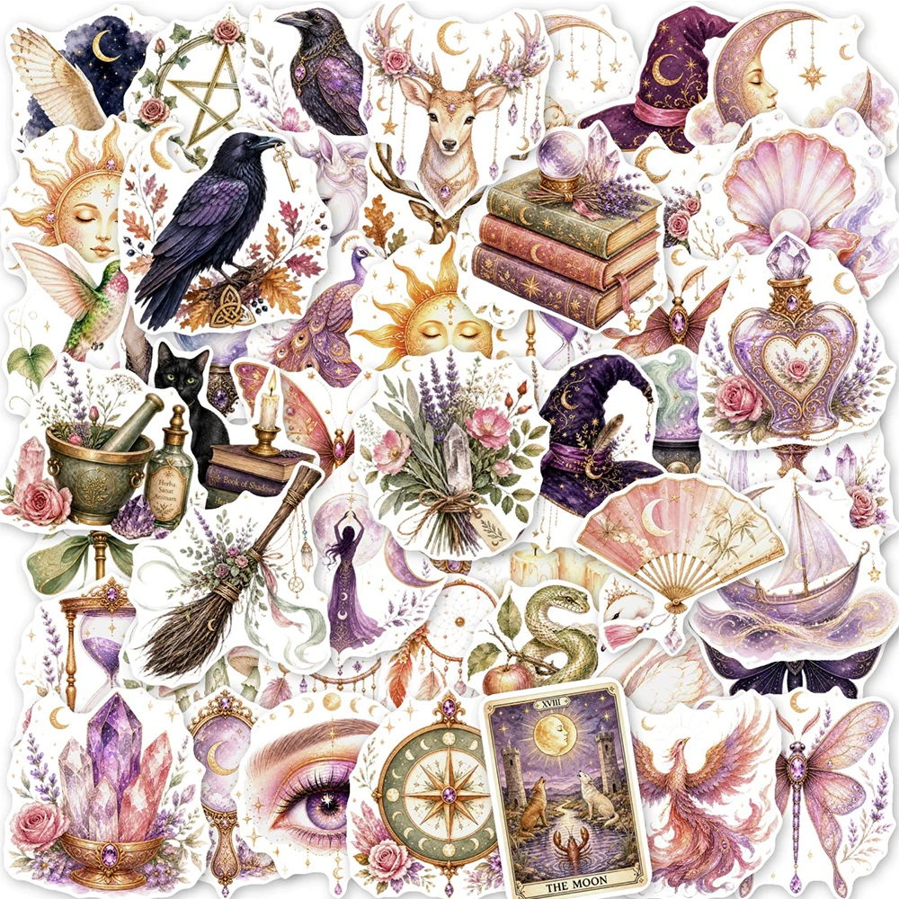 10/30/50pcs Magic Witch Vintage Aesthetic Stickers Decorative Luggage Notebook Suitcase Cool Colorful Moon Pink Aesthetic Decal