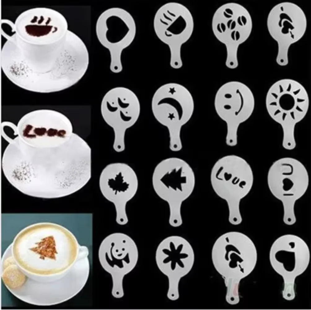 32Pcs/set Fashion Cappuccino Coffee Barista Stencils Template Strew Pad Duster Spray Tools