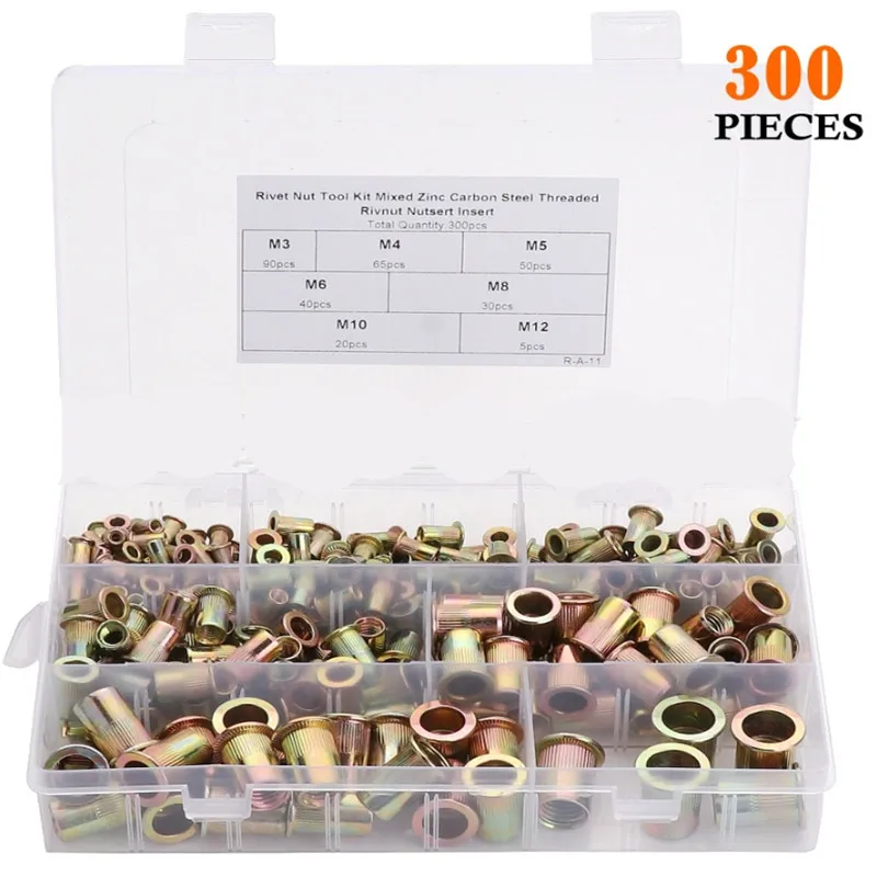 300pcs-100pcs Rivet Nuts Set Mixed Carbon Steel M3 M4 M5 M6 M8 M10 M12 Flat Head Threaded Insert Nut Kit Hardware Parts