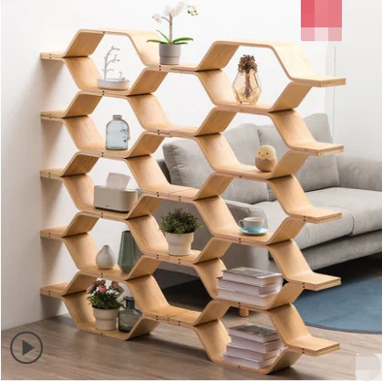 Splicing bookcase, floor storage shelf, wall partition, solid wood children\'s bookcase, honeycomb space saving bookcase