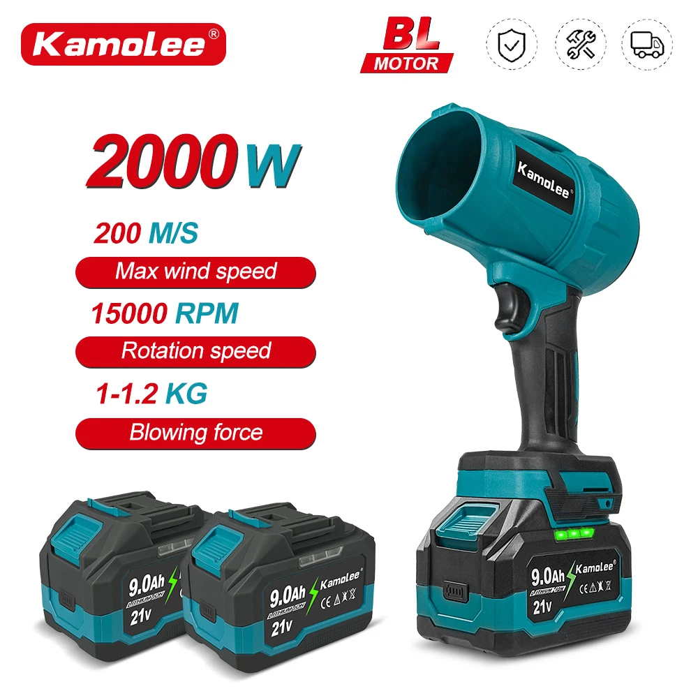 Kamolee Brushless 2000W Electric Turbo Blower Jet Fan 200M/S Violent Car Dryer Handheld Dust Blowing Tool for Makita 18V Battery