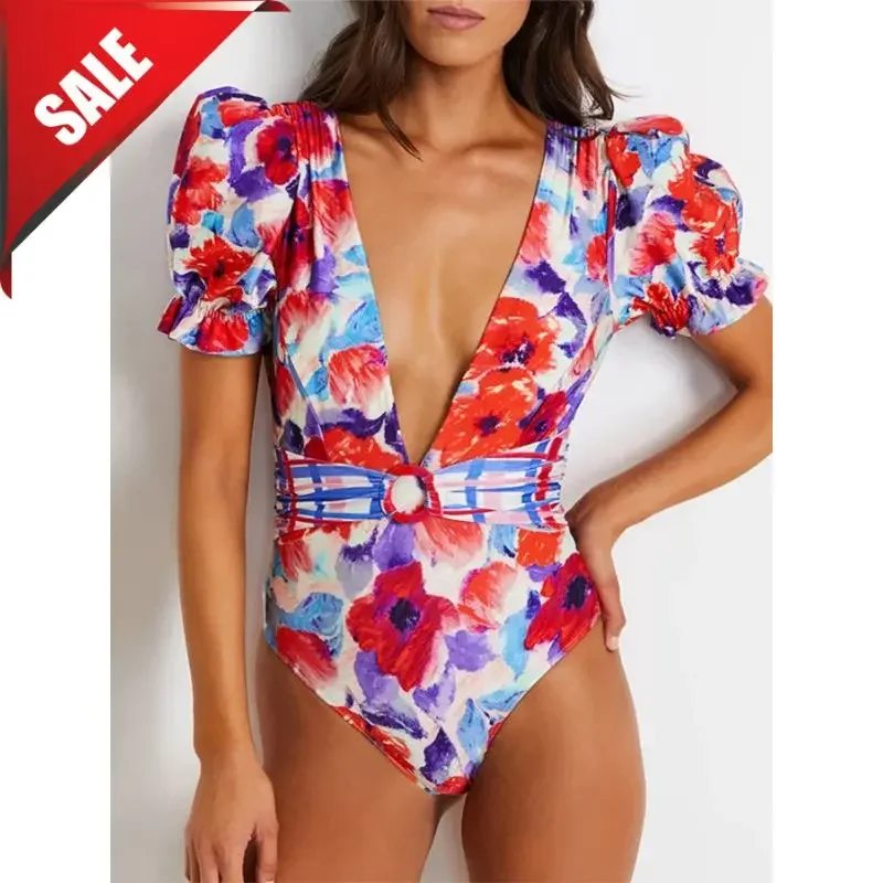 FLAXMAKER Halter Backless Printed One Piece Swimsuit and Cover Up Women Beachwear Luxury Bathing Suit