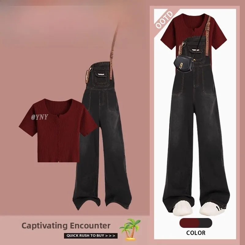 

Модный красный короткий вязаный комбинезон из денима с высокой талией, утягивающий, с коротким рукавом, летняя новинка 2026 года