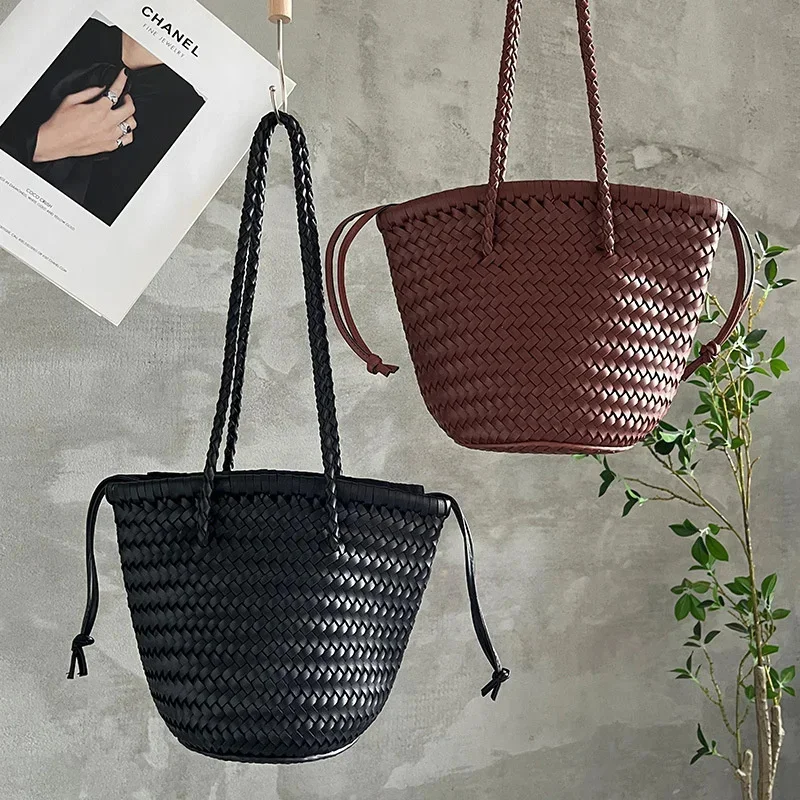 

New Summer One Shoulder Brown Woven Bag Women Classical Handwoven Drawstring Shoulder Shopper Purse Big Capacity Beach Handbag