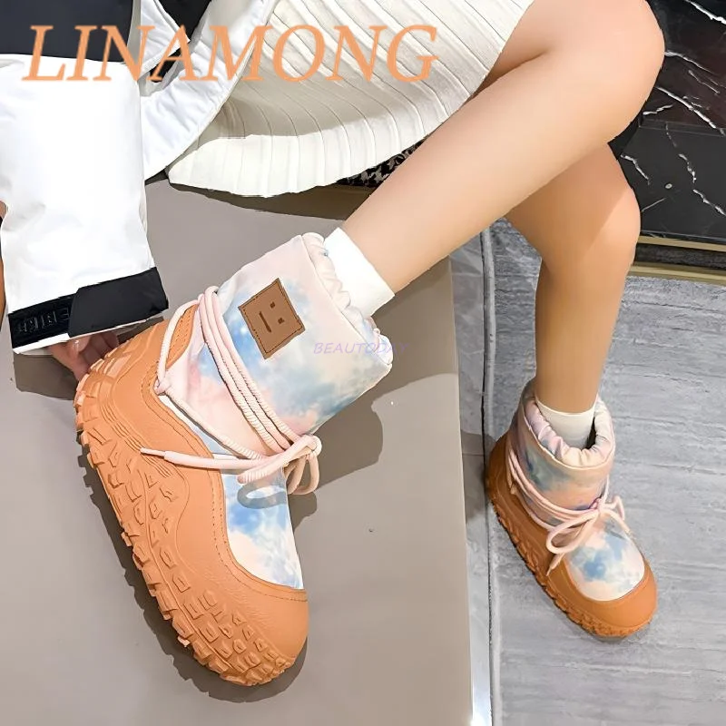 

Suede Colored Spliced Cotton Boots Fashionable Sleeve Lace Up Smiling Face Decoration Thick Sole Anti Slip and Warm Short Boots