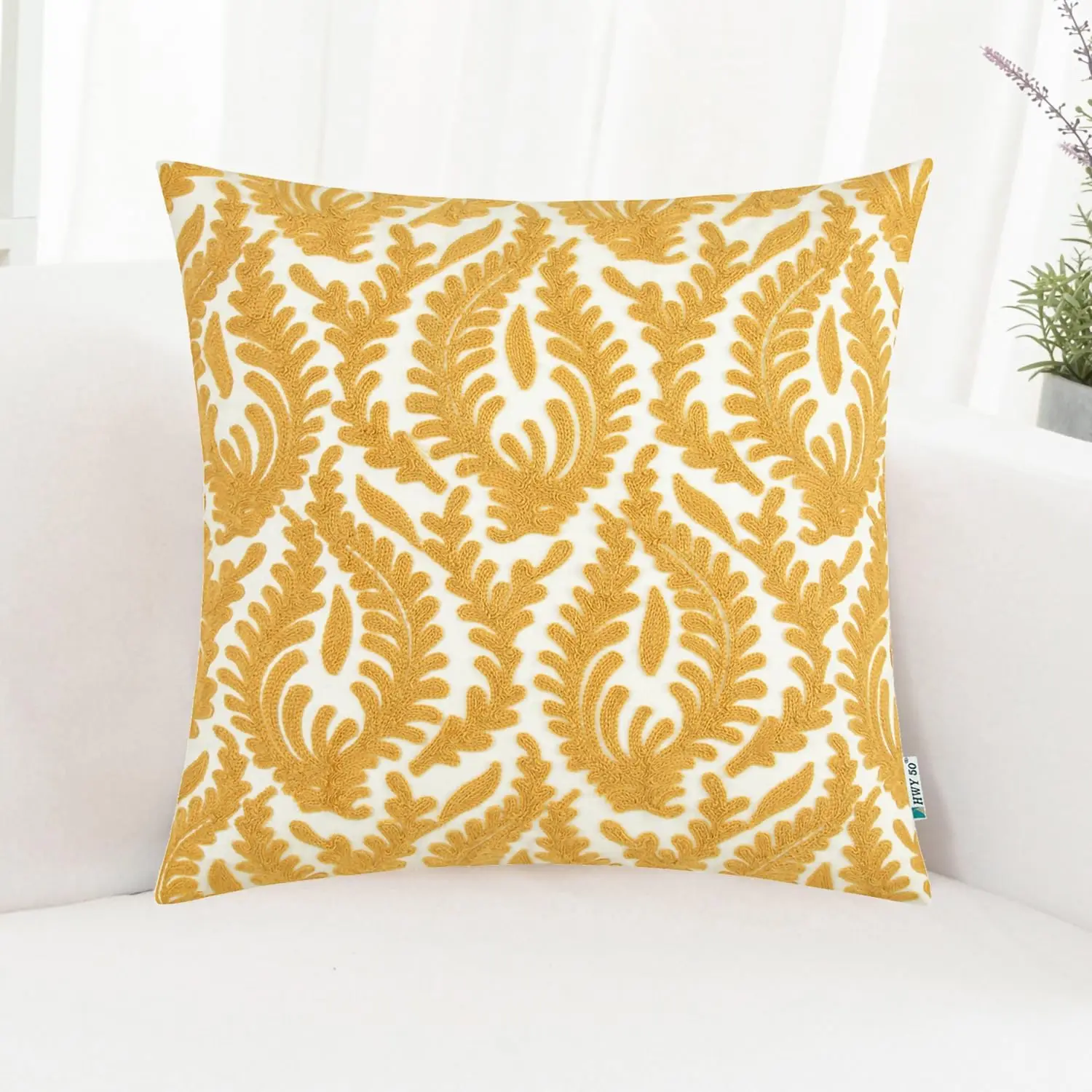 

50 Mustard Yellow Decorative Throw Pillow Covers 18x18 Inch (1 Piece), Embroidered Cotton Farmhouse Cushion Cover Pillow Case fo