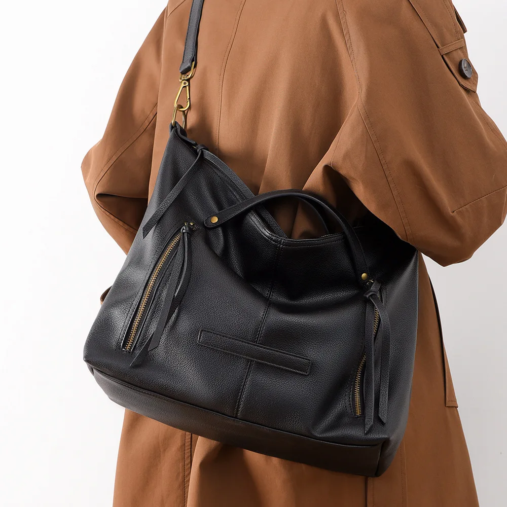 

Large Capacity Top Layer Soft Leather Single Shoulder Bag Trendy Crossbody Handbag Fashionable Tote Bag Polyester Lining