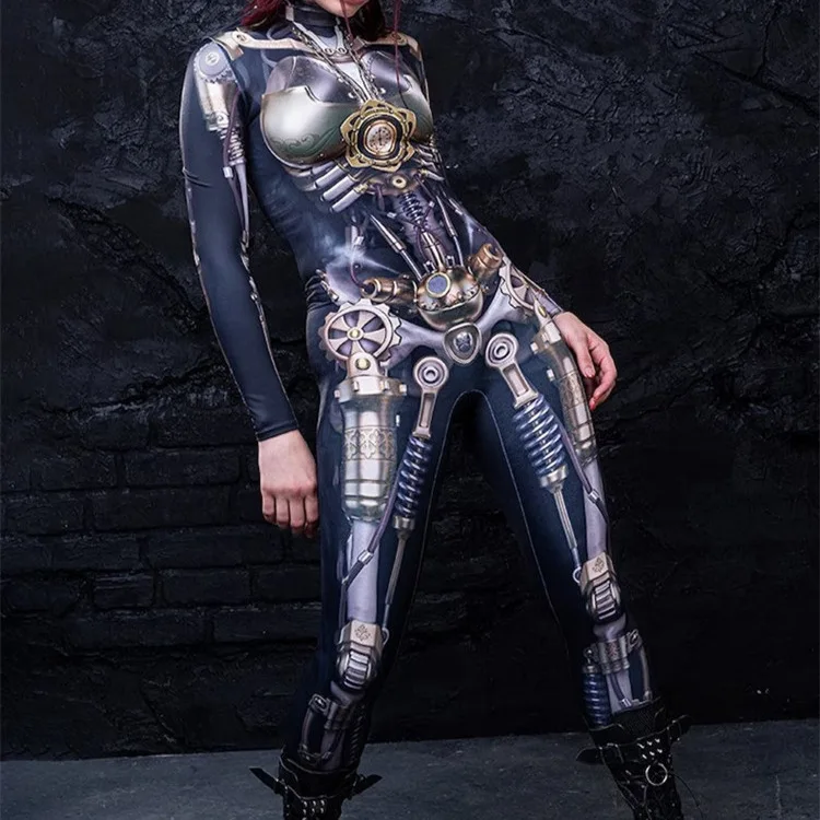 Women Bodysuit Cosplay Fashion 3D Printing Zentai Skinny Long Sleeve Slim Elastic Jumpsuit Outfit Halloween Catsuit for Adult