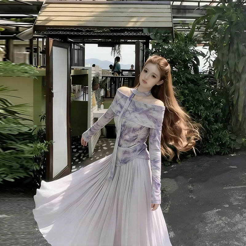 

Spring 2026 New Gentle Print Shoulder Bared Chic Skirt Set Long Folded Hemline Women's Fashionable Two-Piece Ensemble