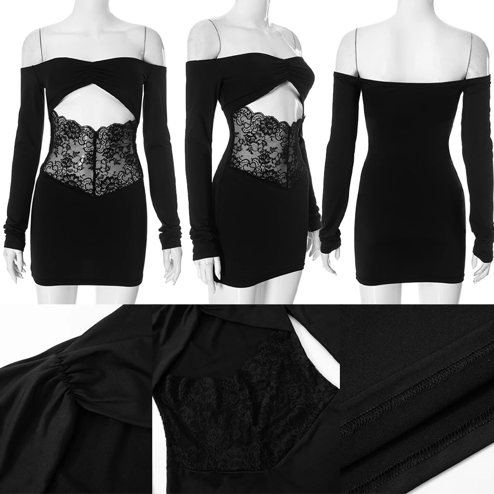 ゼイラ ブラック オフショルダー ボディコン ドレス レース パネル カットアウト シアー ストラップレス バスチェ スリムフィット レディース セクシー パーティー カジュアル ウェア