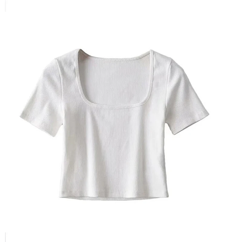 Women Square Neck Rib Crop T-shirt Short Sleeve Crop Top