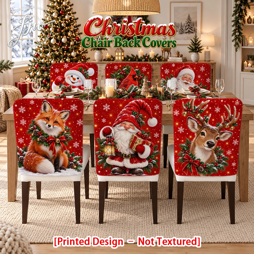 2/4/6pc Christmas Chair Back Covers Festive Snowman Santa Reindeer Fox Holiday Dining Chair Slipcovers for Xmas Party Home Decor