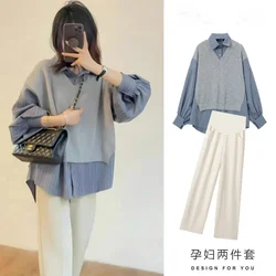 Korean Style Maternity Loose Shirt Striped Patchwork Turn-down Collar Pregnant Woman Knit Blouse Plus Size Pregnancy Sweater Top