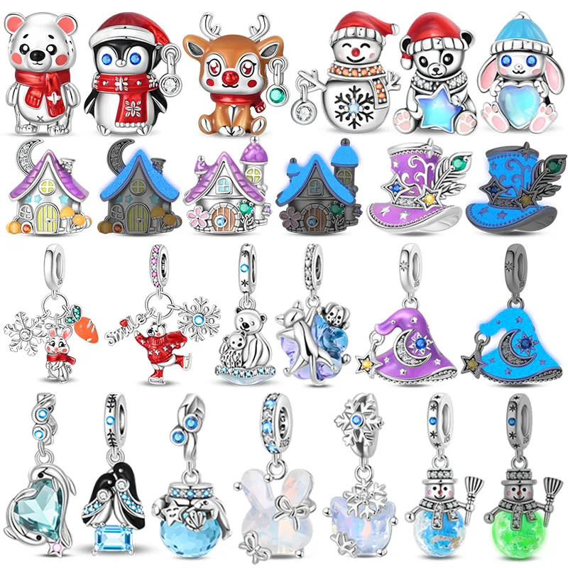 Hot Sale Charms Bead 925 Sterling Silver Winter Series Snowman Elk Christmas Pendants Fit Bangle Bracelet Necklace DIY Jewelry