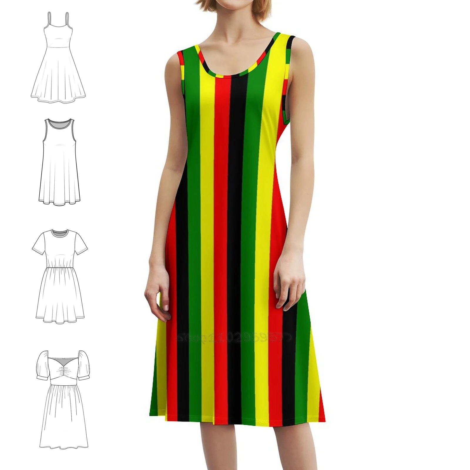فستان قصير بألوان الراستا أحمر أخضر ذهبي ألوان زاهية مخطط على طراز بريبي للنساء على شكل حرف a فضفاض مناسب فستان يوم غير رسمي الراستا #1