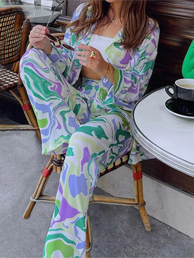 

Spring Autumn Fashion Women's Sets Printing Long Sleeve Flip Collar Shirt Button Withs Long Pants Set Leisure Woman 's Clothing