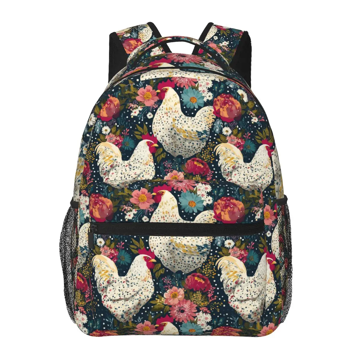 

White Chickens And Floral Pattern Student Backpack School Bag Hiking Travel Daypack for Boys Girls Fashion Bookbag Shoulder Bags