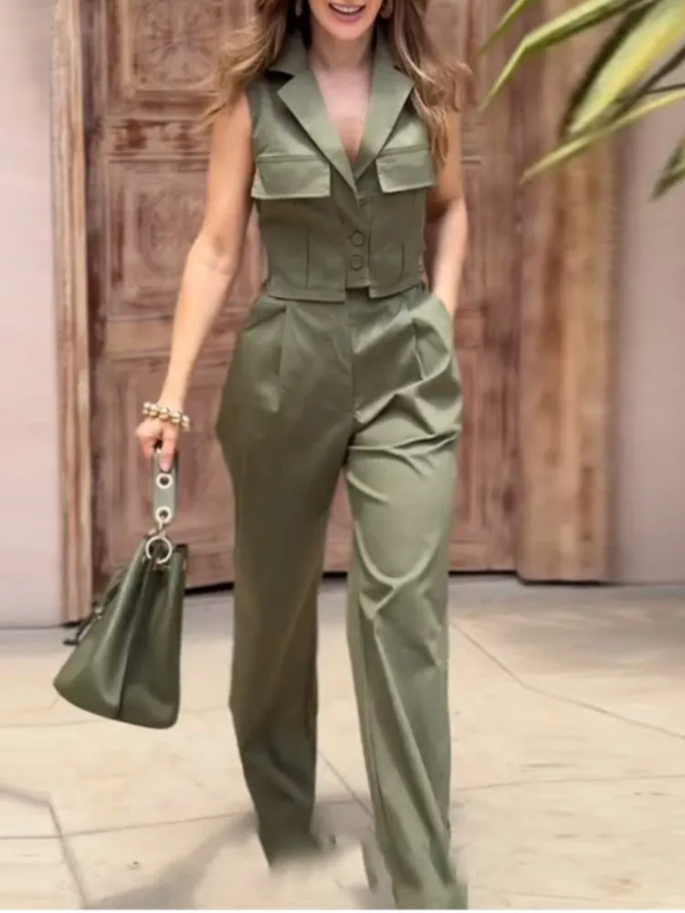 

Модный элегантный комплект из двух предметов, женский новый летний женский однотонный жилет с лацканами, темпераментные брюки с высокой талией, комплект из двух предметов