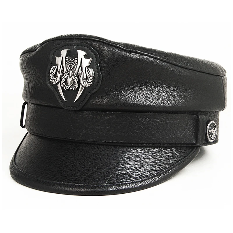 Genuine Leather Belt Military Hats Navy Hats Unisex Sheepskin European/American Streetwear Fitted Black Caps With Locomotiv Cap