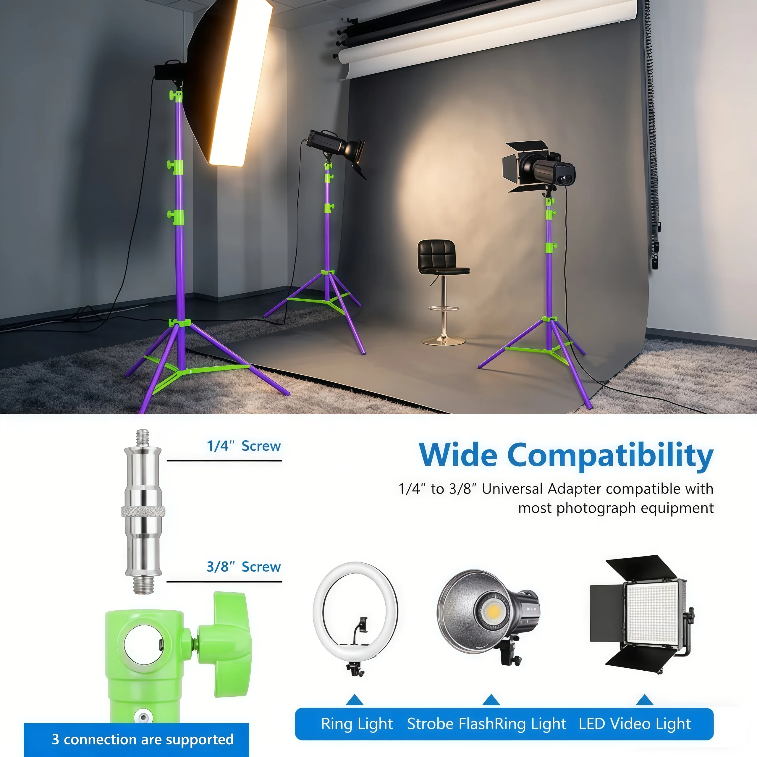 Statyw oświetleniowy z wytrzymałego stopu aluminium, 2.8M, z uniwersalnym gwintem 1/4” do 3/8”, do softboxów, lamp błyskowych i oświetlenia studyjnego. — zdjęcie produktu 6