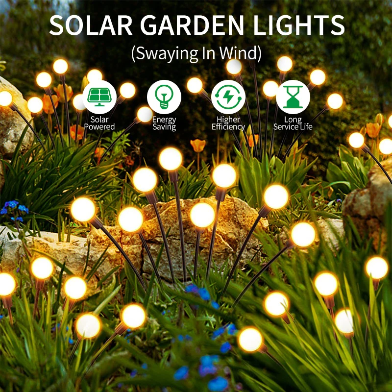 Solar LED Lights para Jardim, Iluminação exterior, Impermeável, Lâmpada Solar Externa, Decorações de Varanda, Firefly Lights, Lawn Lamp