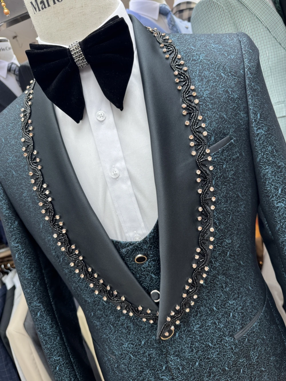 Txjojn New Jacquard Beaded Suit Set 3 Pieces For Men Prom Wear Customized Shawl Lapel Slim Fit Men's Suits Wedding Groom Outfit