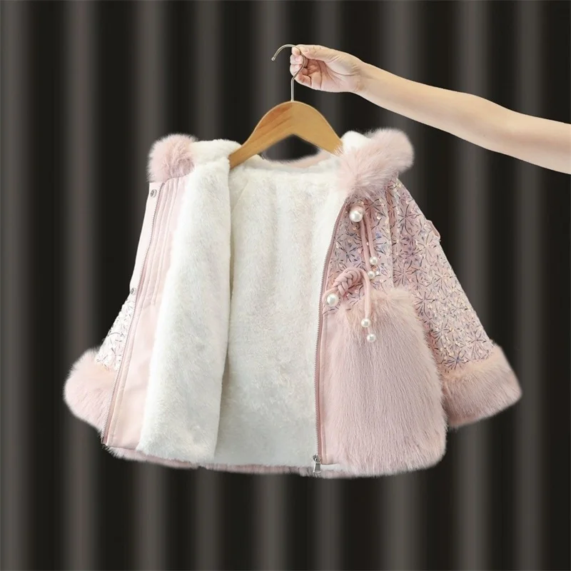 Girls Coat Jacket Winter Cotton Windbreak 2023 Sequin Warm Plus Thicken Velvet Furs School Outwear Children\'s Clothing