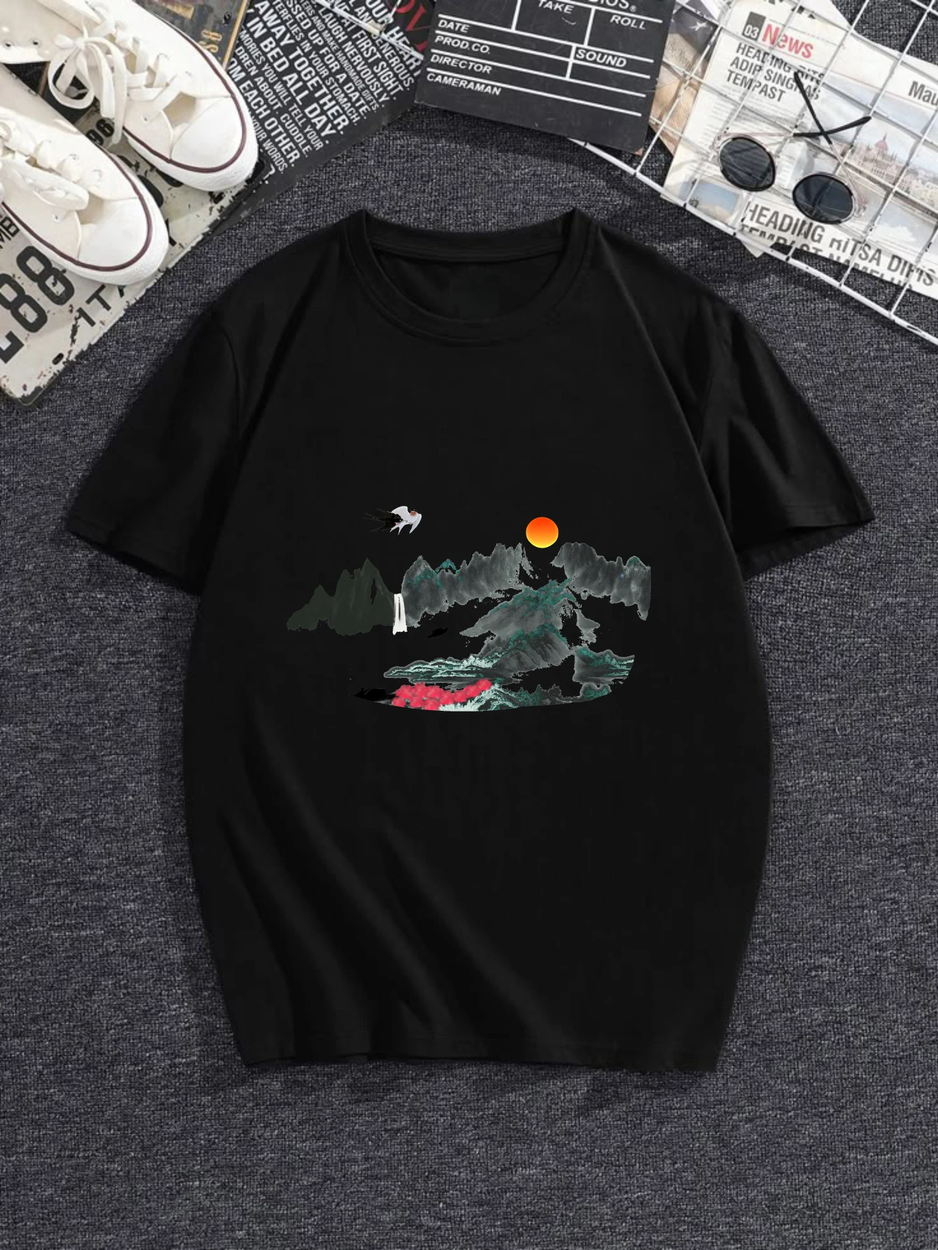 

Women's T-shirts Chinese style summer Printed t shirt Couple Casual 100% cotton Mountain Scene With Bird printed tee Couple y