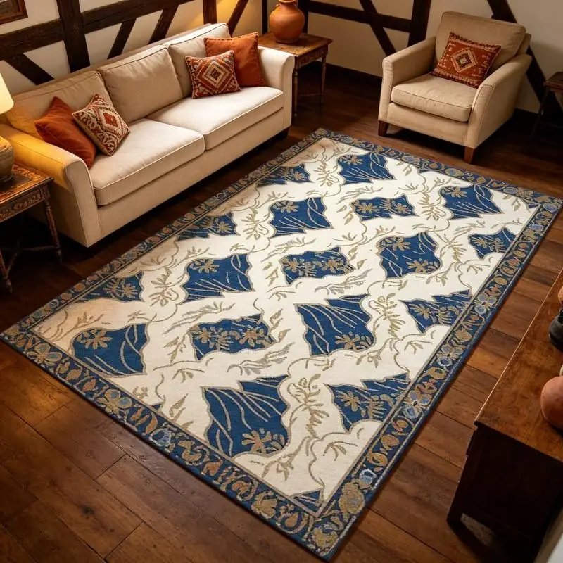 Navy Blue Diamond Floral Vintage Carpet Flooring, Classic Ornamental Area Rug for Indoor Home