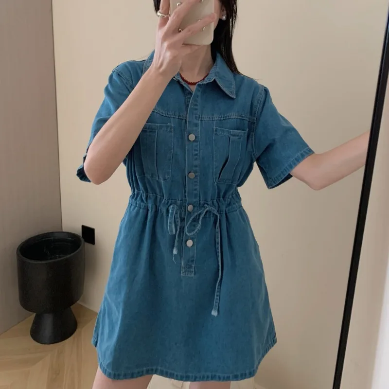 女性用半袖デニムドレス,ラペルカラー,ドローストリング付きチュニック,エレガントなサマードレス,2022