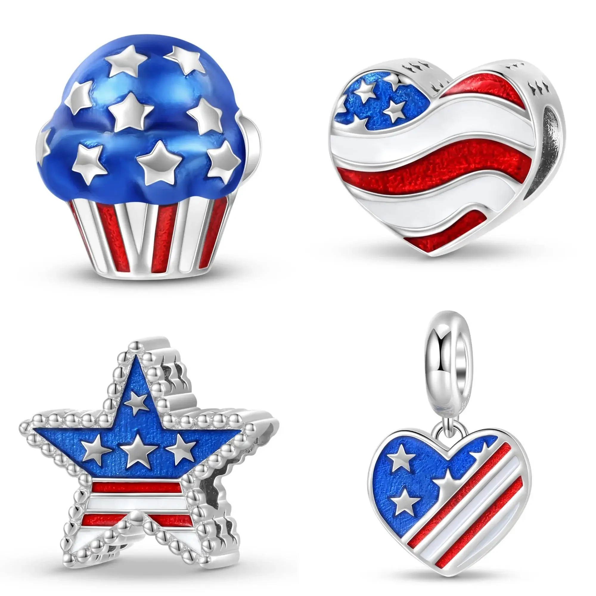 

STILLHOUSE 925 Sterling Silver Cake Cup American Flag Style Blue Color Star Love Bead Pendant Charms for Women Girl Diy Bracelet