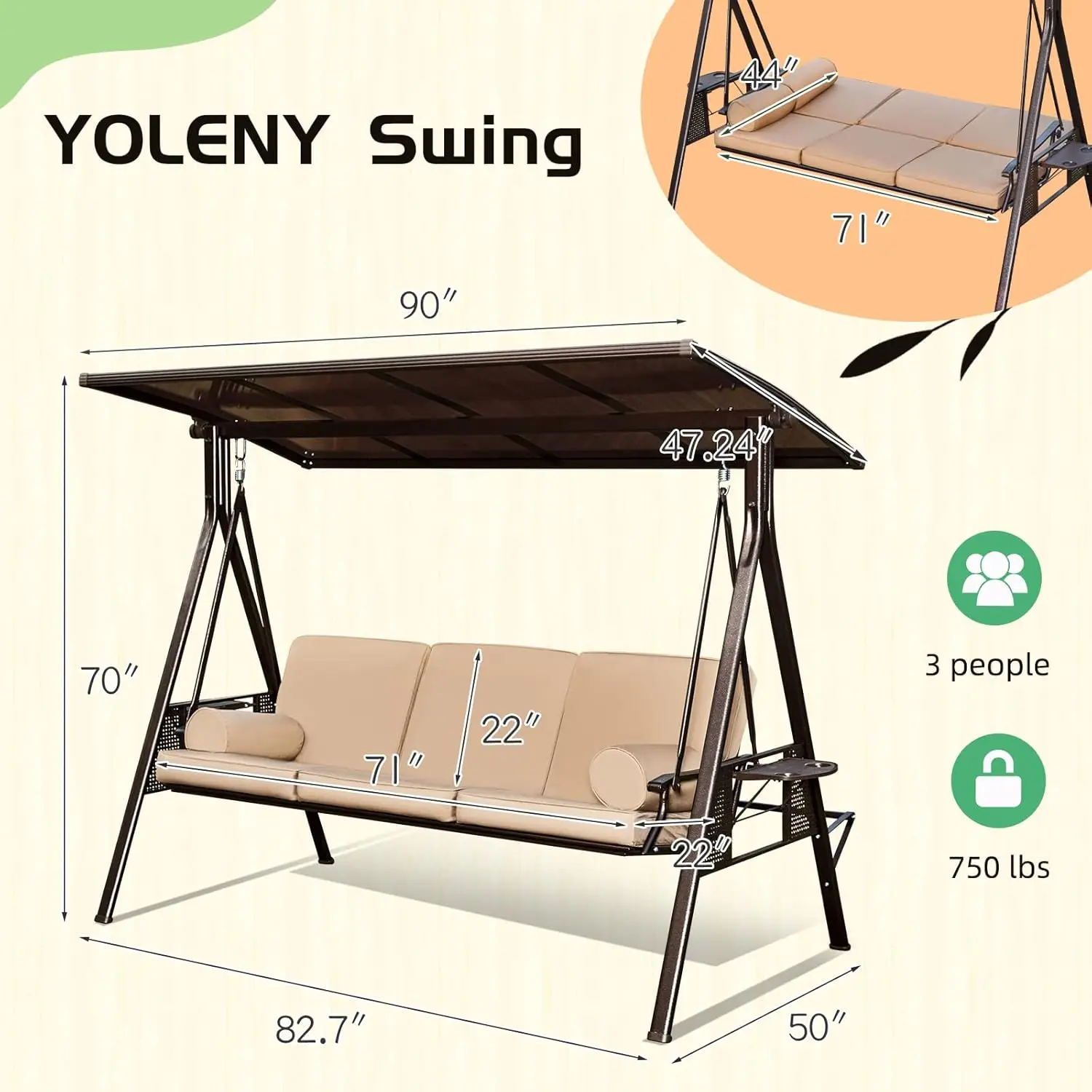 Outdoor Porch Swing with Hardtop 3 Seat Patio Swing with 2 Side Cup Holder Convertible Backrest Swing Bed with Cushion