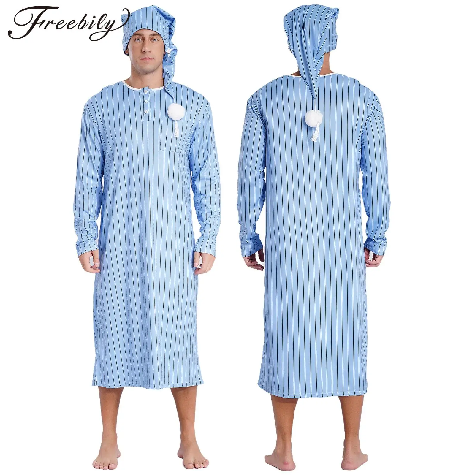 Men Sissy Sleep Robe Nightwear Long Sleeve Striped Night Dress with Adjustable Hat Nightdress Muslim Pajamas Sleepwear Homewear