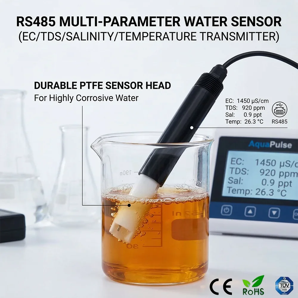 Rs485 Output Supports Gprs 4G Wifi Lora Lorawan Can Simultaneously Measure Ec Temperature Tds and Salinity PTFE Water Sensor