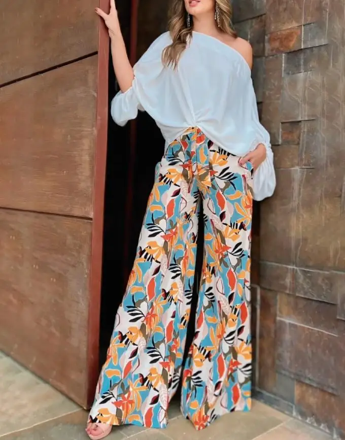 

Two Piece Set Women Outfit 2025 Spring Cold Shoulder Batwing Sleeve Top & Casual Floral Print Pocket Design Wide Leg Pants Set