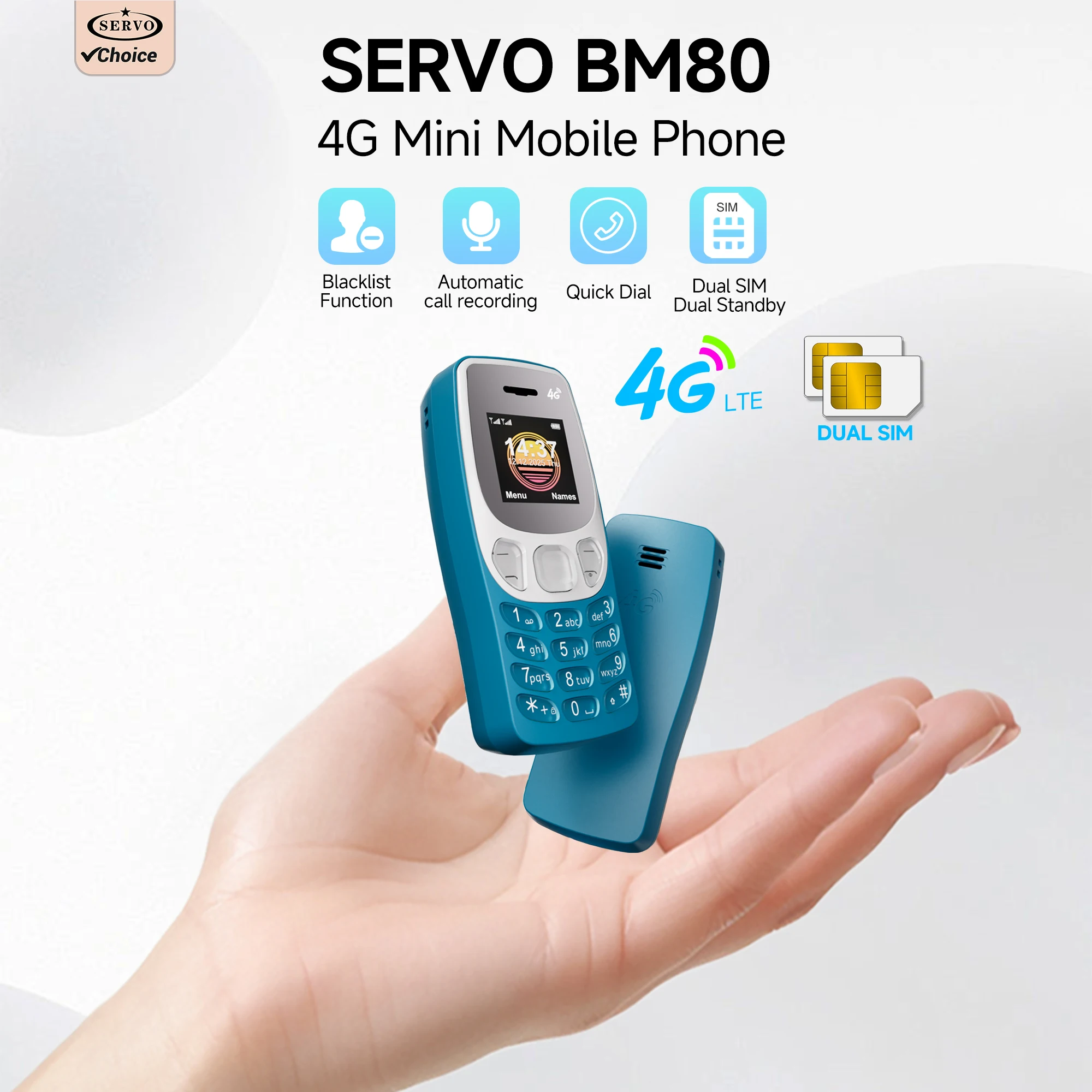 New SERVO BM80 4G LTE Mini Mobile Phone Dual SIM Speed Dial Auto Redial Auto Call Recorder Music Player Small Phone Blacklist