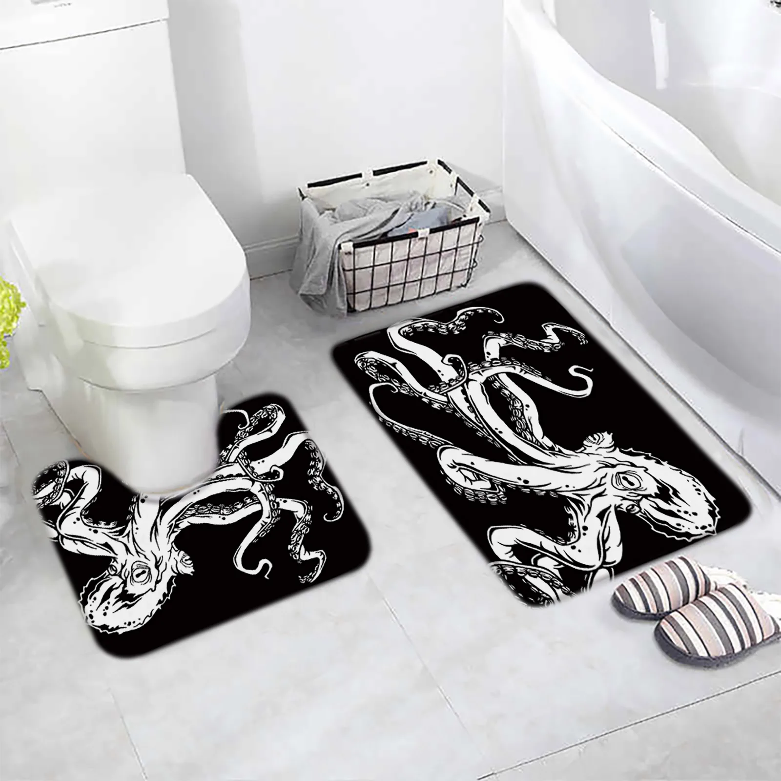 Black and White Octopus Bath Mat Set Funny Sea Marine Life Tentacles Home Floor Carpet Bathroom Decor Non-Slip Rug U-Shaped Pad