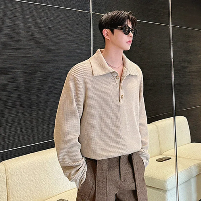 IEFB Casual Men Wear New Stylish Sweater Turn-down Collar Solid Color Korean Version Male Pullover Sweaters Autumn Winter 9C7544