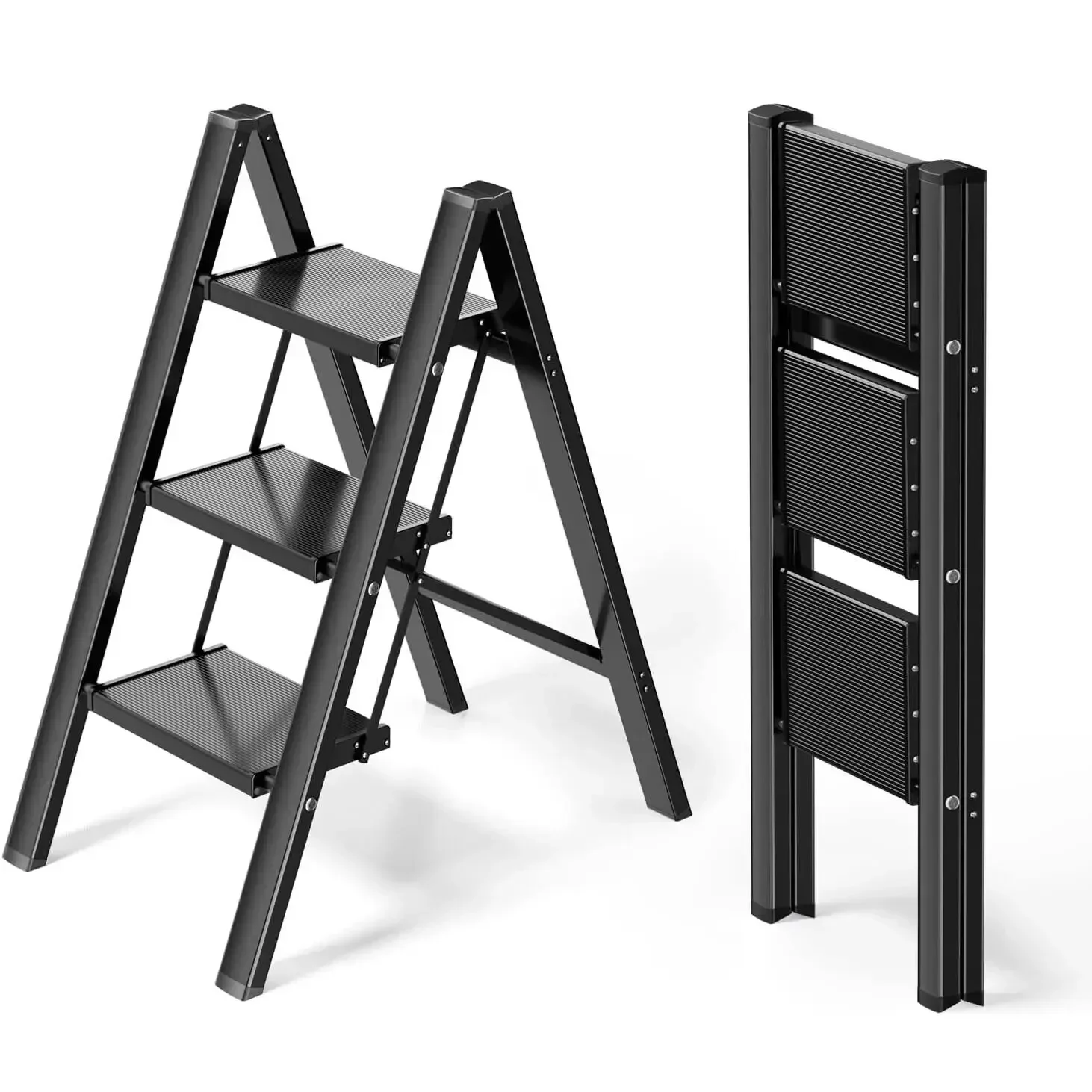 Step Ladder Aluminum Folding Step Stool W/ Wide Anti-Slip Pedal Home Office Lightweight Portable Stepladder (Silver,black)