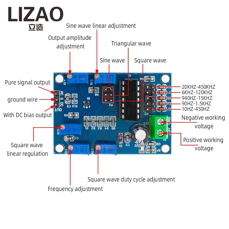 ICL8038 Waveform Signal Generator Module, 10Hz-450KHz Sine/Triangle/Square Wave Source for 12V/15V Systems