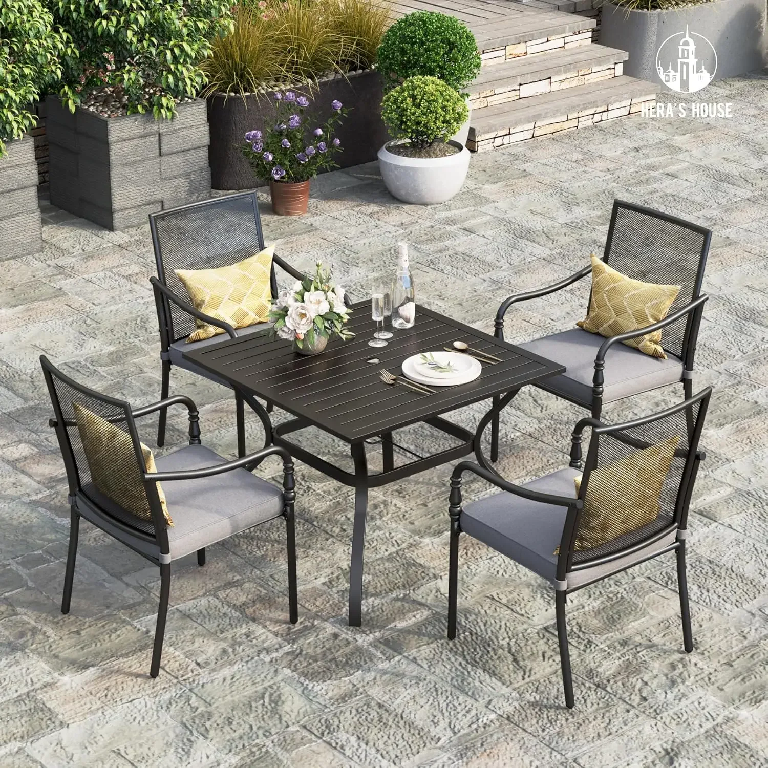 HERA'S HOUSE Outdoor Patio Chairs Set of 4, Garden Lawn Backyard Metal Dining Chairs with Arms and Seat Cushions