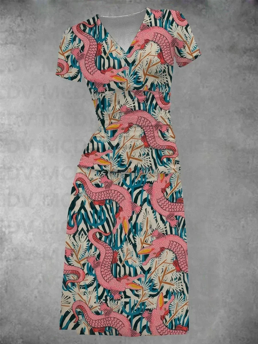 Women's Vintage Koi Fish Graphic Midi Dress 3D Printed Sexy V-neck Dress Female Dresses