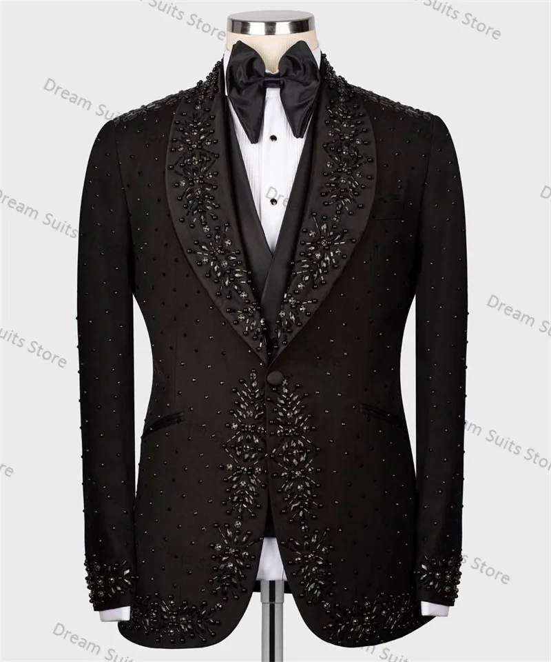 

Crystals Black Men Suits Set 2 Piece Cotton Blazer+Pants Customized Formal Office Jacket Prom Wedding Tuxedo Male Business Coat