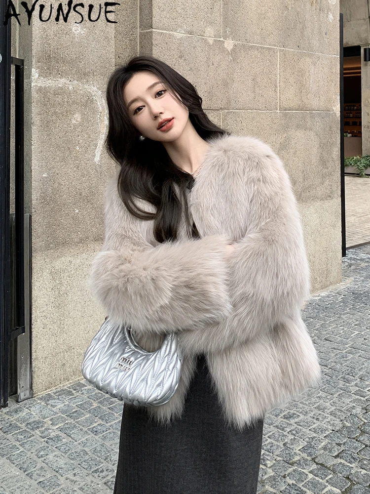 AYUNSUE 2025 ใหม่ฟ็อกซ์ขนสัตว์เสื้อแจ็คเก็ตผู้หญิงกลางความยาวแฟชั่นขนสัตว์จริงแจ็คเก็ตเสื้อผ้าผู้หญิงหรูหราOuterwears Abrigo Mujer
