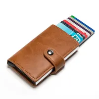 RFID Blocking Vintage Men Credit Card Holder Aluminum Alloy ID Card Case Automatic Male Metal Leather Cardholder Wallet