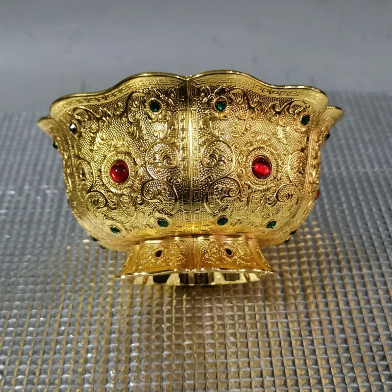 

Gilt bowl gem inlaid with style bottom flower blooming rich golden dragon hexagonal gem bowl town house ornament